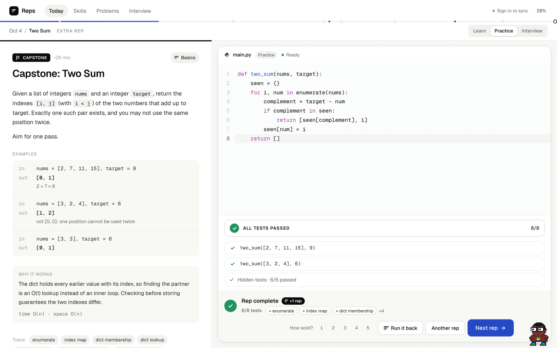 A Reps capstone, Two Sum: the prompt, three worked examples and a Why it works note on the left; on the right a one-pass dictionary solution in the Python editor, a panel reading All tests passed 8 of 8 with two visible tests and six hidden ones, and Rep complete, crediting enumerate, index map and dict membership.