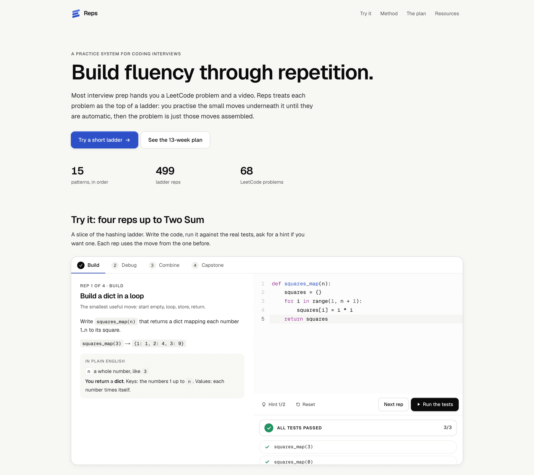 The Reps public demo: the heading Build fluency through repetition, counts of 15 patterns, 499 ladder reps and 68 LeetCode problems, and a Try it panel with four steps, Build, Debug, Combine and Capstone. The first rep, Build a dict in a loop, is solved in the editor and reads All tests passed, 3 of 3.