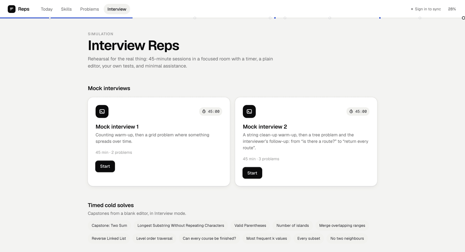 The Reps Interview page: two mock interview cards, each 45 minutes with a Start button, and a list of timed cold solves including Two Sum, Valid Parentheses, Number of Islands, Reverse Linked List and Level order traversal.