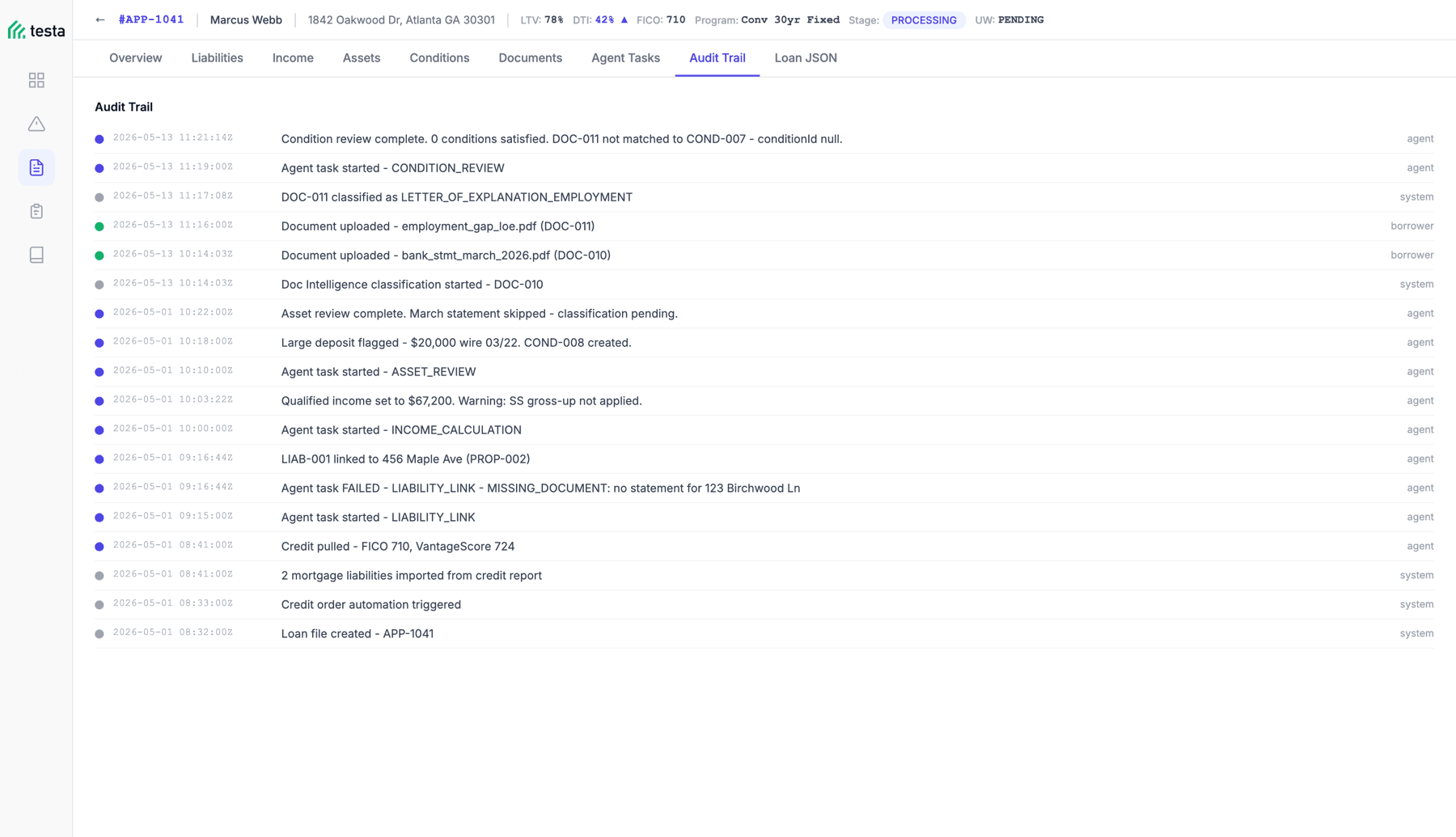 Testa audit trail for a loan file, showing system, agent, and borrower events in reverse chronological order including the failed liability linking task
