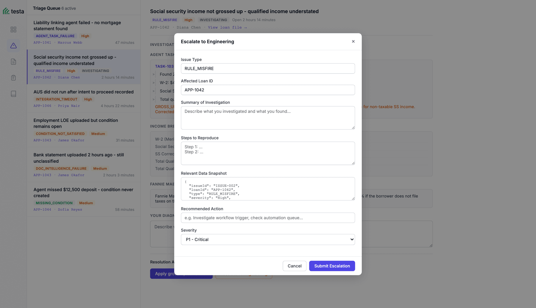 Testa escalation form: issue type, affected loan ID, summary of investigation, steps to reproduce, a pre-filled JSON data snapshot, recommended action, and severity