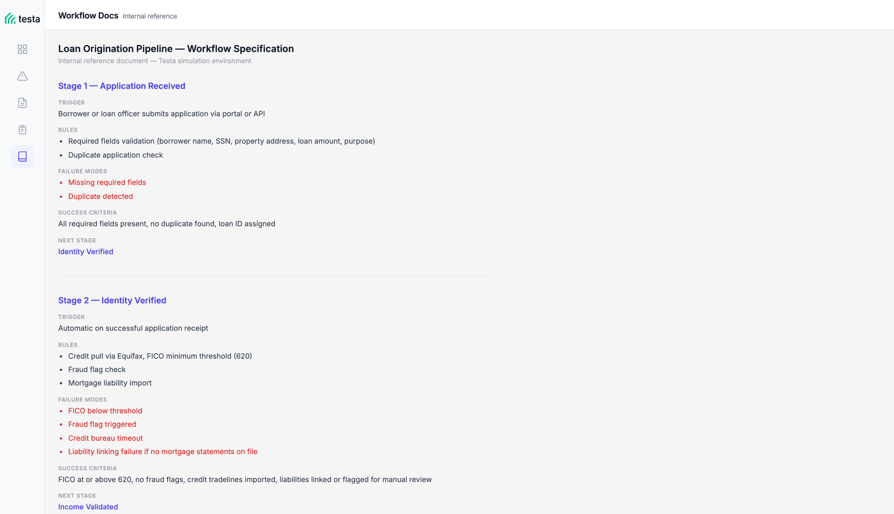 Testa workflow specification: stage one and two showing trigger, rules, failure modes, success criteria, and next stage