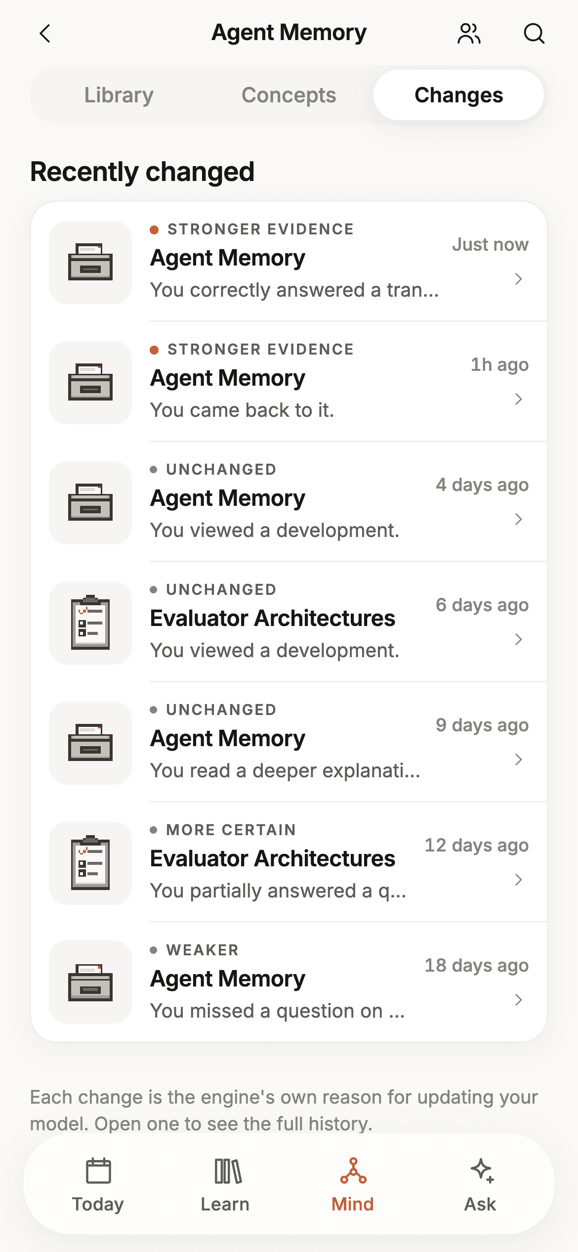Thinketh’s Recently changed list: entries for Agent Memory and Evaluator Architectures labelled Stronger evidence, Unchanged, More certain and Weaker, each with its reason, such as You correctly answered, You viewed a development or You missed a question, and when it happened, from just now to 18 days ago.